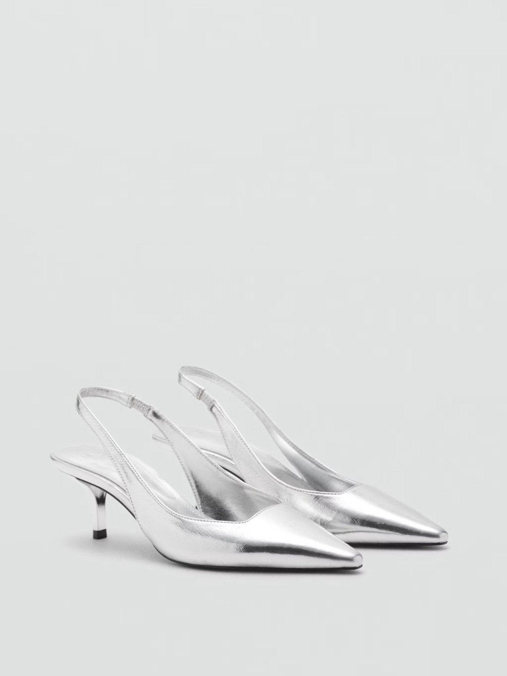 MANGO Silver Pointed-Toe Slingback Kitten Heels - Women